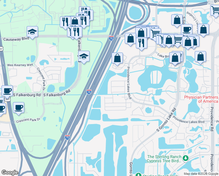 map of restaurants, bars, coffee shops, grocery stores, and more near 2736 Garden Falls Drive in Brandon