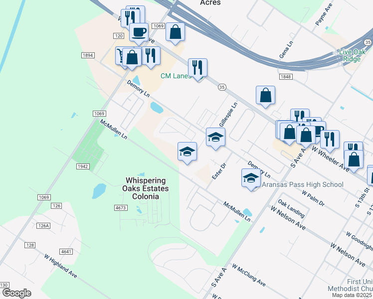 map of restaurants, bars, coffee shops, grocery stores, and more near 127 Pvt Road 120G in Aransas Pass