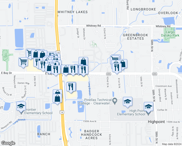 map of restaurants, bars, coffee shops, grocery stores, and more near 2702 Roosevelt Boulevard in Clearwater