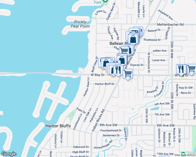 map of restaurants, bars, coffee shops, grocery stores, and more near 2942 West Bay Drive in Belleair Bluffs