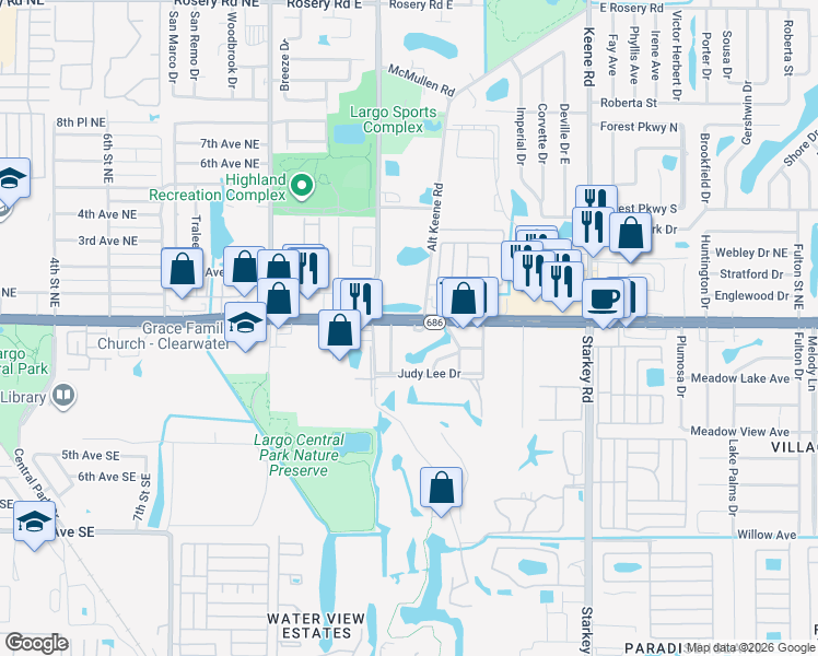 map of restaurants, bars, coffee shops, grocery stores, and more near 1661 East Bay Drive in Largo
