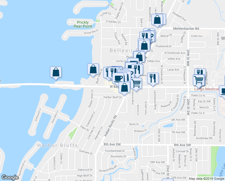 map of restaurants, bars, coffee shops, grocery stores, and more near 2934 West Bay Drive in Belleair Bluffs