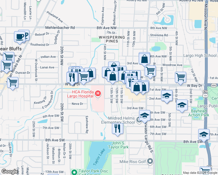 map of restaurants, bars, coffee shops, grocery stores, and more near 1345 West Bay Drive in Largo