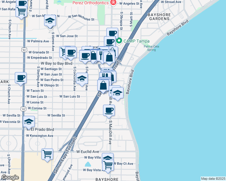 map of restaurants, bars, coffee shops, grocery stores, and more near 3217 South MacDill Avenue in Tampa