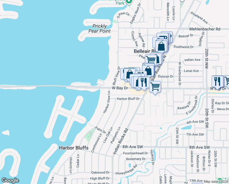 map of restaurants, bars, coffee shops, grocery stores, and more near 2944 West Bay Drive in Belleair Bluffs