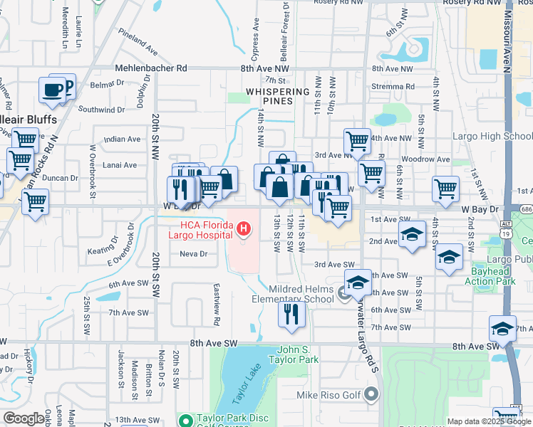map of restaurants, bars, coffee shops, grocery stores, and more near 1401 West Bay Drive in Largo