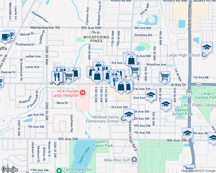 map of restaurants, bars, coffee shops, grocery stores, and more near 1033 West Bay Drive in Largo