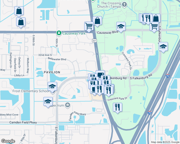 map of restaurants, bars, coffee shops, grocery stores, and more near 3537 Pavilion Palms Circle in Riverview