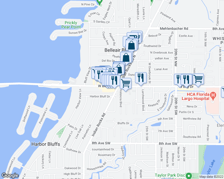 map of restaurants, bars, coffee shops, grocery stores, and more near 2852 West Bay Drive in Belleair Bluffs