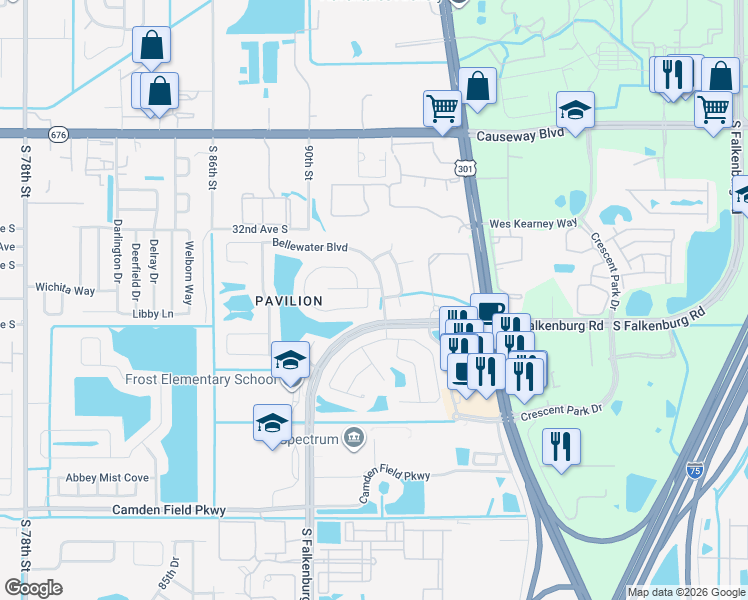 map of restaurants, bars, coffee shops, grocery stores, and more near 9274 Estate Cove Circle in Riverview