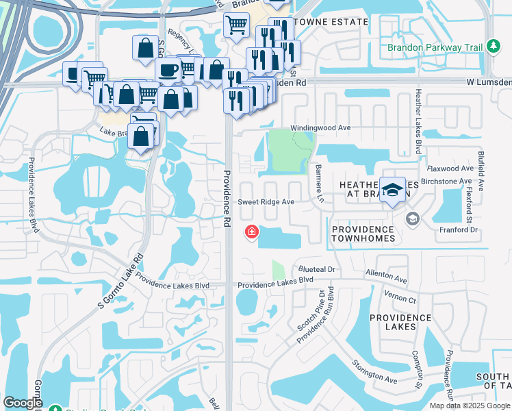 map of restaurants, bars, coffee shops, grocery stores, and more near 1301 Coolridge Drive in Brandon