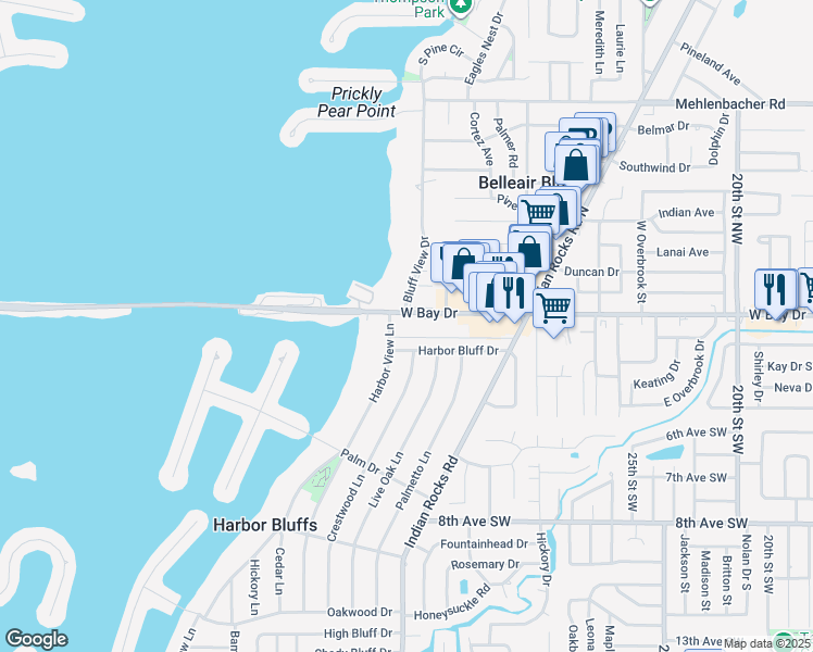 map of restaurants, bars, coffee shops, grocery stores, and more near 55 Harbor View Lane in Belleair Bluffs