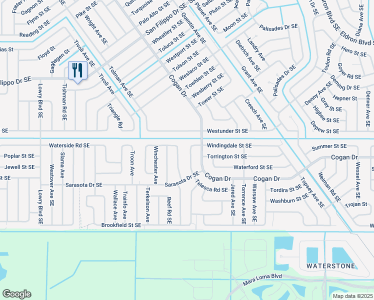 map of restaurants, bars, coffee shops, grocery stores, and more near 3096 Telesca Road Southeast in Palm Bay