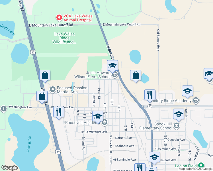 map of restaurants, bars, coffee shops, grocery stores, and more near 473 D Street in Lake Wales
