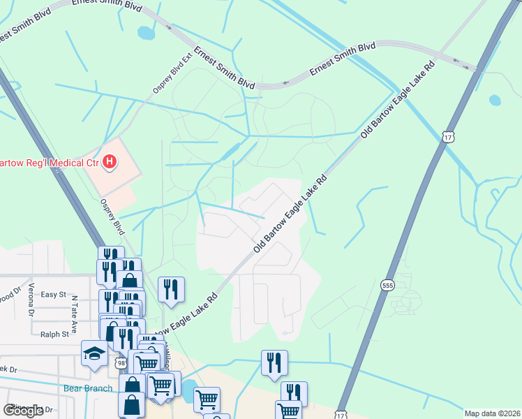 map of restaurants, bars, coffee shops, grocery stores, and more near 1813 James Towne Lane in Bartow