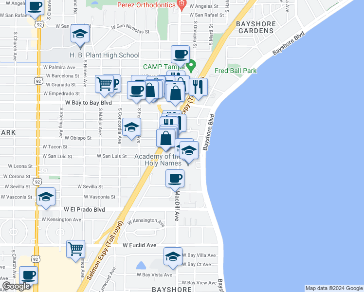map of restaurants, bars, coffee shops, grocery stores, and more near 3217 South MacDill Avenue in Tampa
