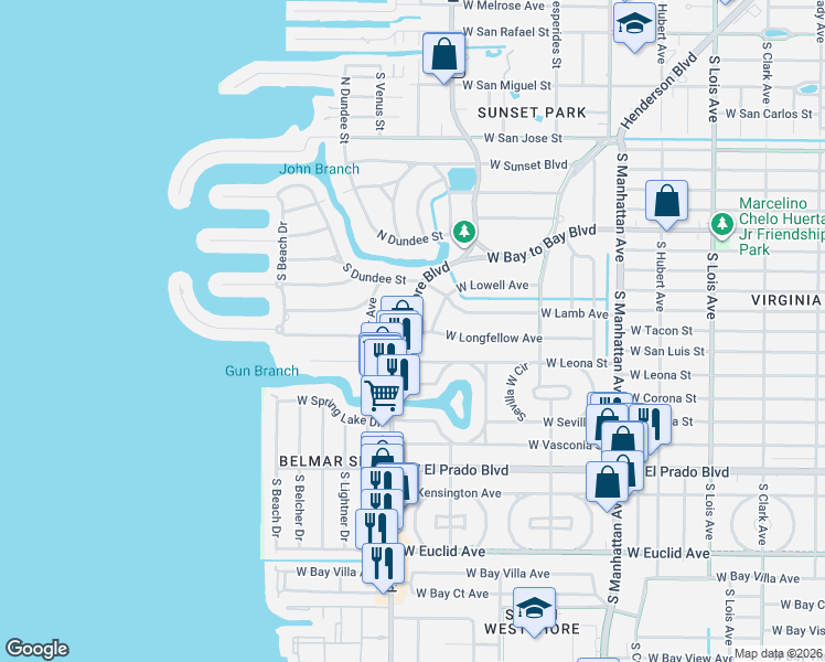map of restaurants, bars, coffee shops, grocery stores, and more near 4643 West Longfellow Avenue in Tampa