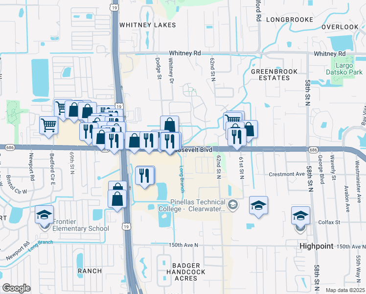 map of restaurants, bars, coffee shops, grocery stores, and more near 2702 Roosevelt Boulevard in Clearwater