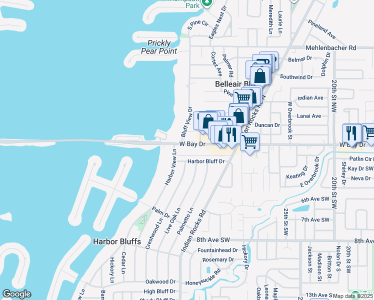 map of restaurants, bars, coffee shops, grocery stores, and more near 2942 West Bay Drive in Belleair Bluffs