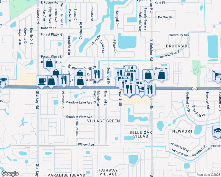 map of restaurants, bars, coffee shops, grocery stores, and more near 3365 East Bay Drive in Largo