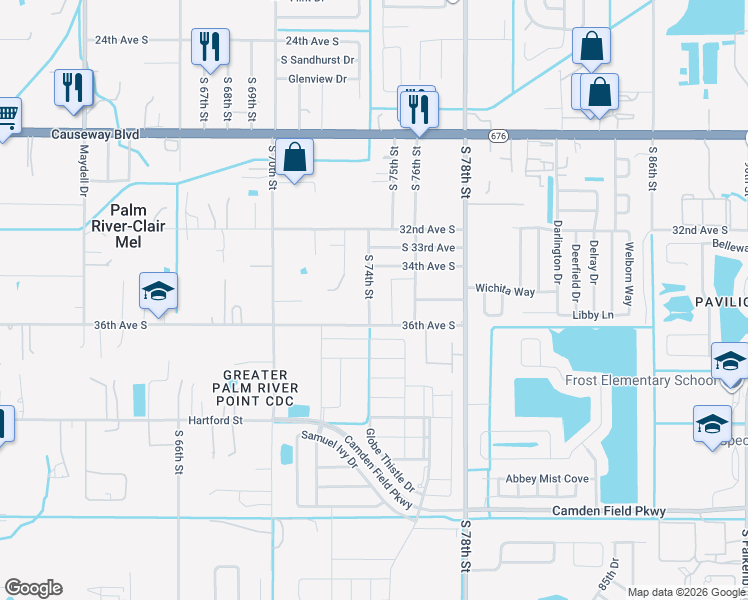 map of restaurants, bars, coffee shops, grocery stores, and more near 3510 South 74th Street in Tampa