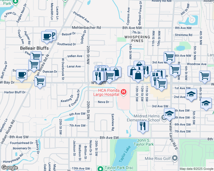 map of restaurants, bars, coffee shops, grocery stores, and more near 1701 West Bay Drive in Largo