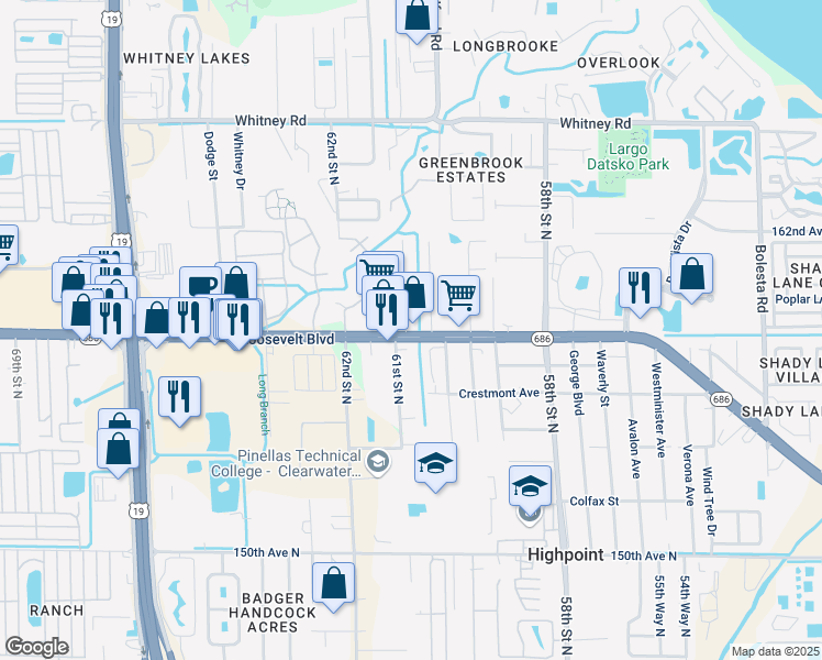 map of restaurants, bars, coffee shops, grocery stores, and more near 2889 Roosevelt Boulevard in Clearwater