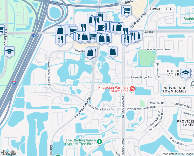 map of restaurants, bars, coffee shops, grocery stores, and more near 1230 Rivage Circle in Brandon