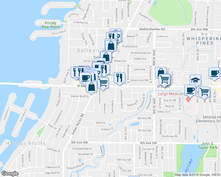 map of restaurants, bars, coffee shops, grocery stores, and more near 2515 West Bay Drive in Belleair Bluffs