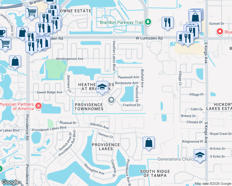 map of restaurants, bars, coffee shops, grocery stores, and more near 1214 Etchfield Circle in Brandon