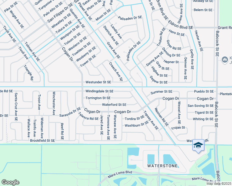 map of restaurants, bars, coffee shops, grocery stores, and more near 1230 Windingdale Street Southeast in Palm Bay