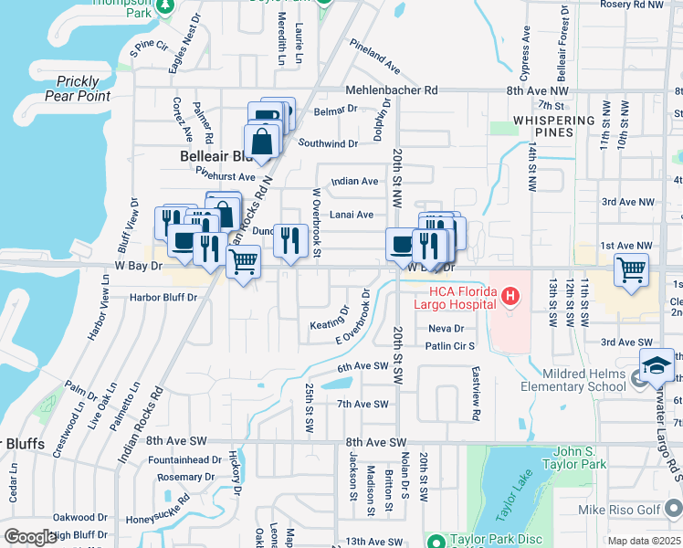 map of restaurants, bars, coffee shops, grocery stores, and more near 2301 West Bay Drive in Largo