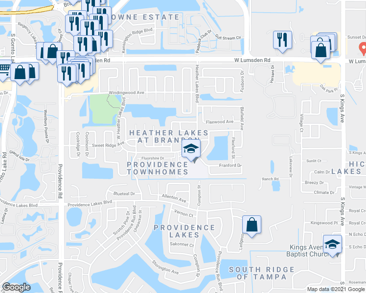 map of restaurants, bars, coffee shops, grocery stores, and more near 1306 Cedar Rock Pl in Brandon