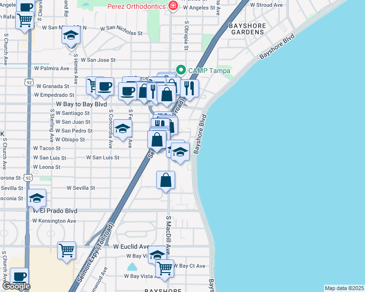 map of restaurants, bars, coffee shops, grocery stores, and more near 3301 Bayshore Boulevard in Tampa
