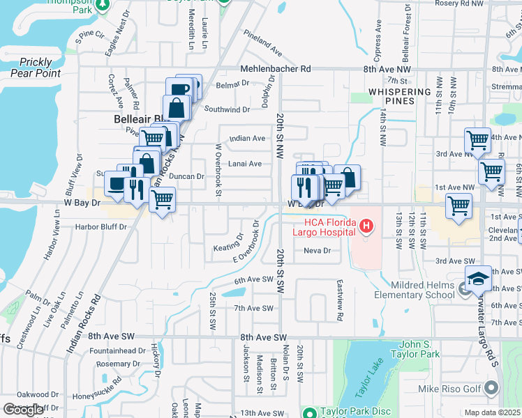 map of restaurants, bars, coffee shops, grocery stores, and more near 2131 West Bay Drive in Largo