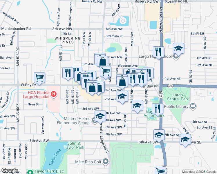 map of restaurants, bars, coffee shops, grocery stores, and more near 701 West Bay Drive in Largo