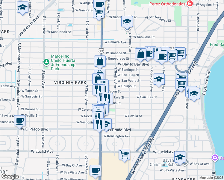 map of restaurants, bars, coffee shops, grocery stores, and more near 3705 West Tacon Street in Tampa