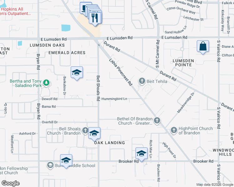 map of restaurants, bars, coffee shops, grocery stores, and more near 1106 Hummingbird Lane in Brandon