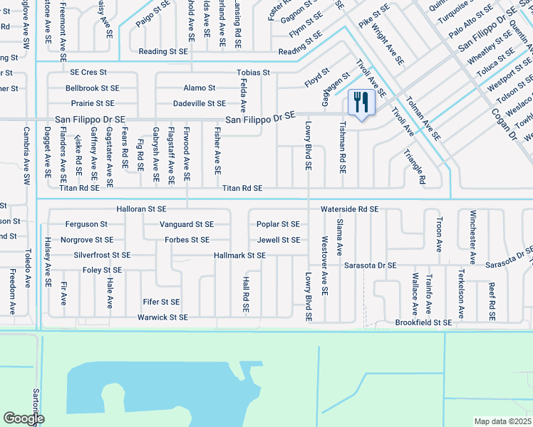 map of restaurants, bars, coffee shops, grocery stores, and more near 526 Waterside Road Southeast in Palm Bay