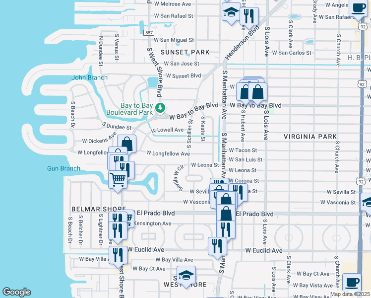map of restaurants, bars, coffee shops, grocery stores, and more near 3105 South Schiller Street in Tampa