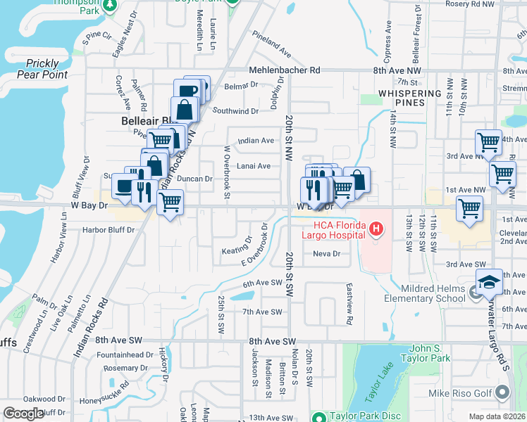 map of restaurants, bars, coffee shops, grocery stores, and more near 2131 West Bay Drive in Largo