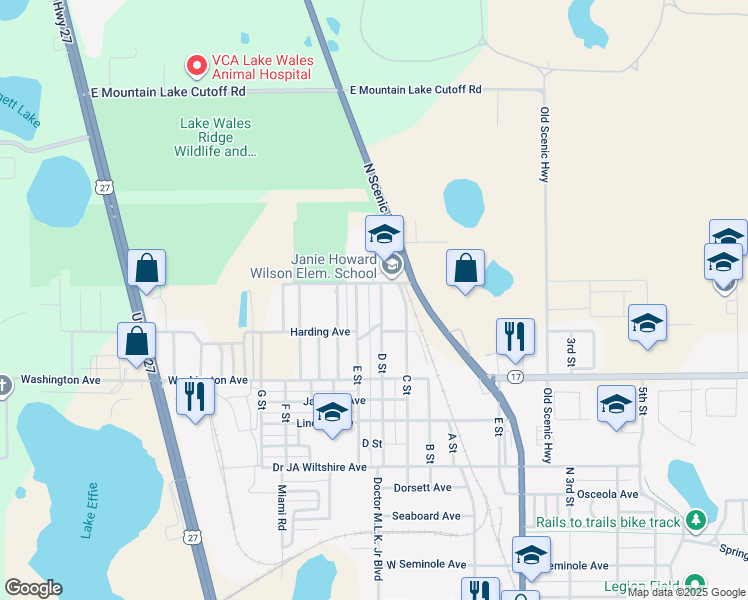map of restaurants, bars, coffee shops, grocery stores, and more near 473 D Street in Lake Wales