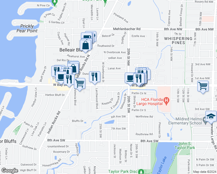 map of restaurants, bars, coffee shops, grocery stores, and more near 2301 West Bay Drive in Largo