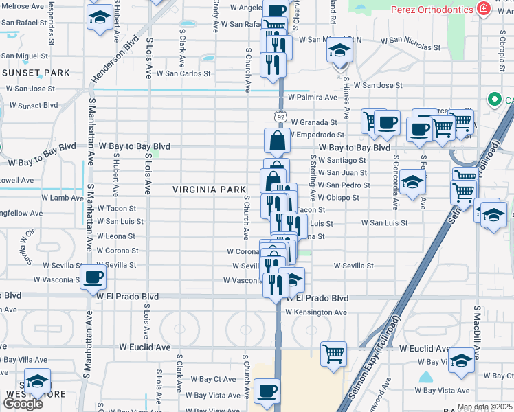 map of restaurants, bars, coffee shops, grocery stores, and more near 3819 West Tacon Street in Tampa