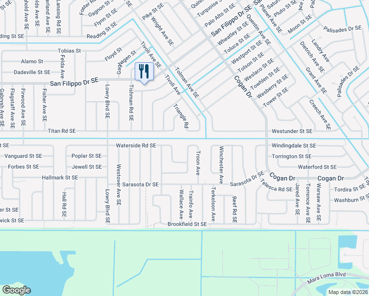 map of restaurants, bars, coffee shops, grocery stores, and more near 891 Tedder Road Southeast in Palm Bay