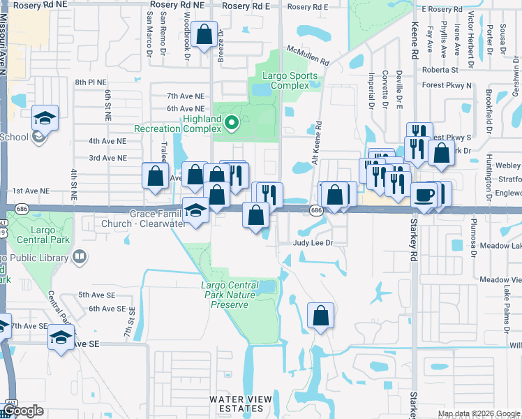 map of restaurants, bars, coffee shops, grocery stores, and more near 1513 East Bay Drive in Largo