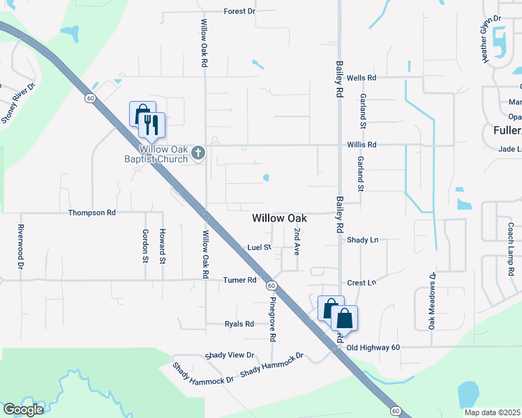 map of restaurants, bars, coffee shops, grocery stores, and more near in Willow Oak