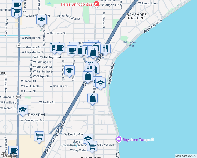 map of restaurants, bars, coffee shops, grocery stores, and more near 30094 West Grovewood Court in Tampa