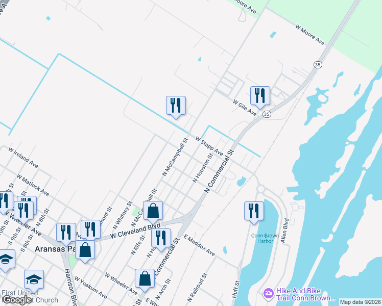 map of restaurants, bars, coffee shops, grocery stores, and more near 862 North Rife Street in Aransas Pass
