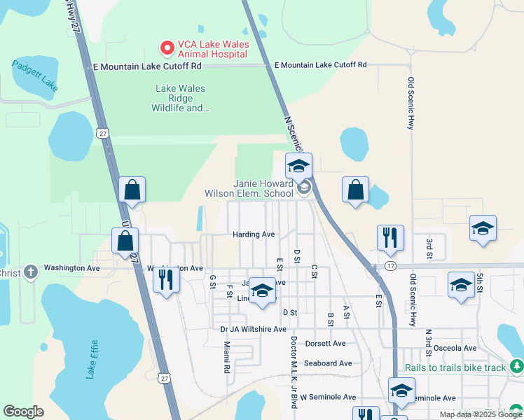 map of restaurants, bars, coffee shops, grocery stores, and more near 433 Pearl Street in Lake Wales